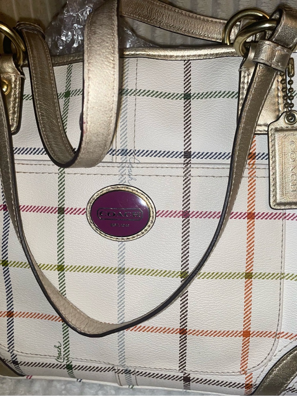 Coach White Plaid Tote with Multicolor Stripes and Gold Trim